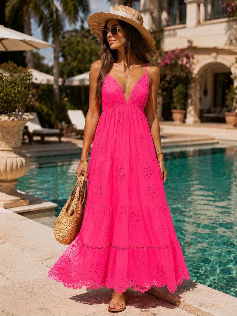 FARM Rio Hot Pink Eyelet Tiered Maxi Dress